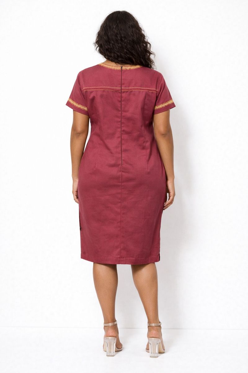 Women’s Burgundy African Print Midi Dress with Gold Detail