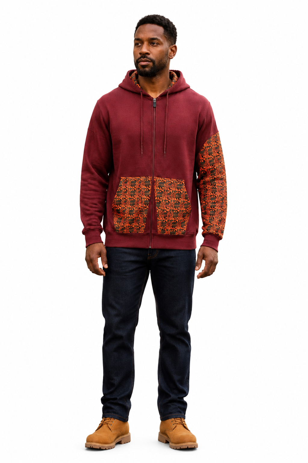 Afro-Fusion Hoodie – Unisex Ankara Print Maroon Pullover Hoodie