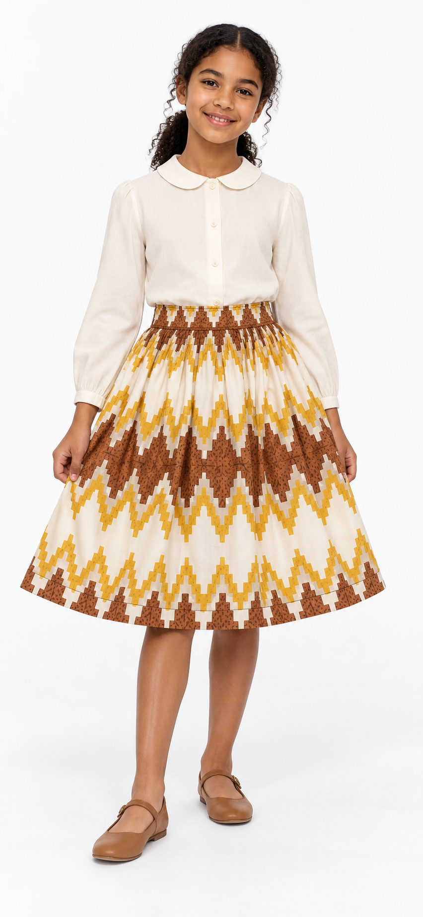 Girls African Print Flared Skirt – Cream, Mustard Yellow & Brown | Age 8–10 Years