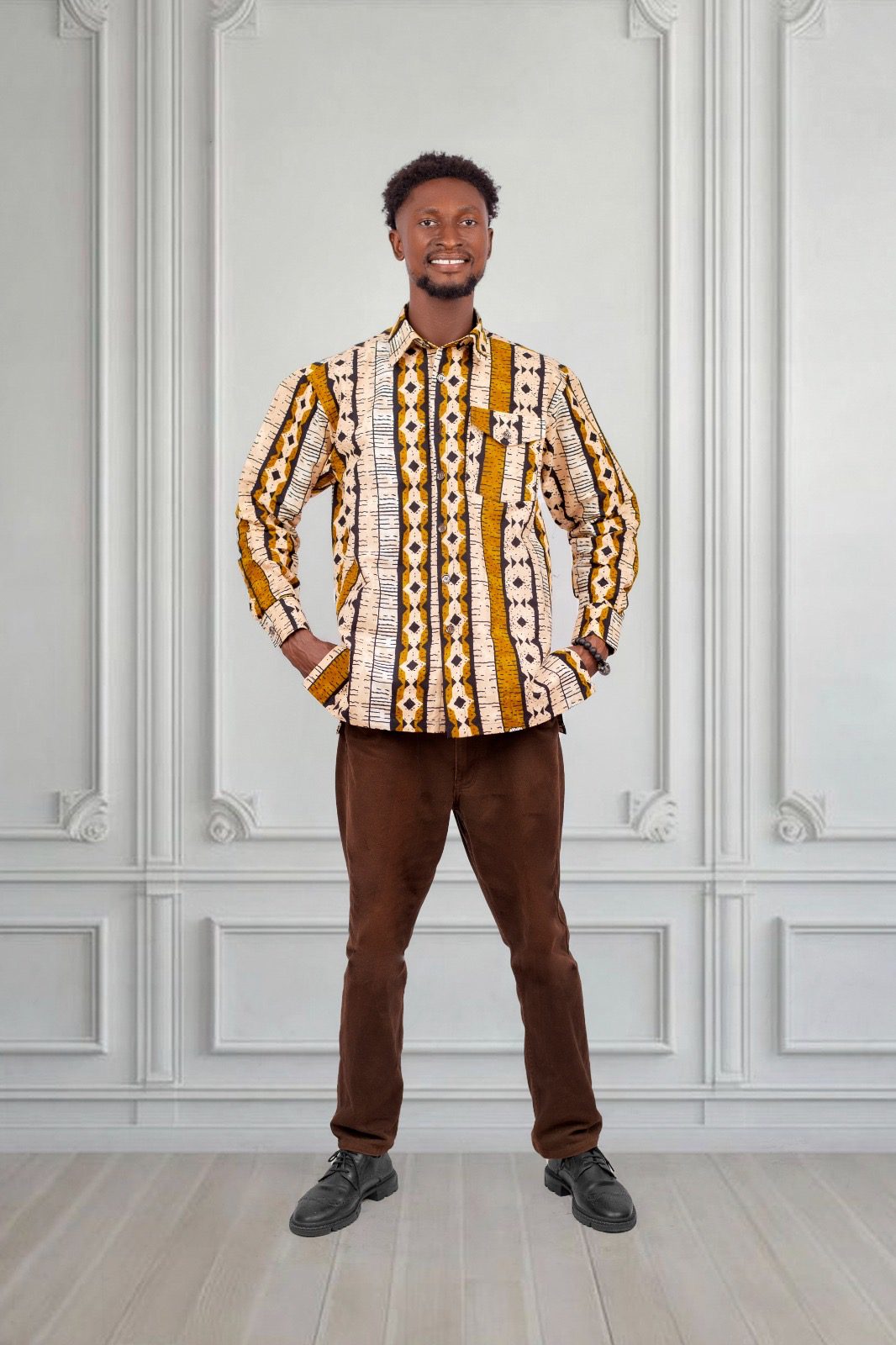 Men’s Mustard Stripe African Print Shirt – Short or Long Sleeve Ankara Shirt