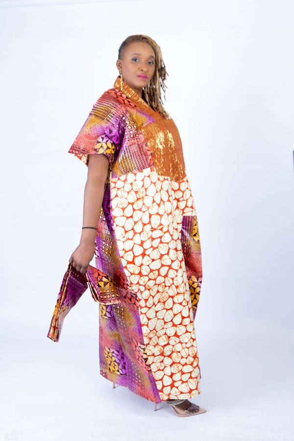Adire Aso Oke blend Kaftan in Vibrant Pink Multi Print