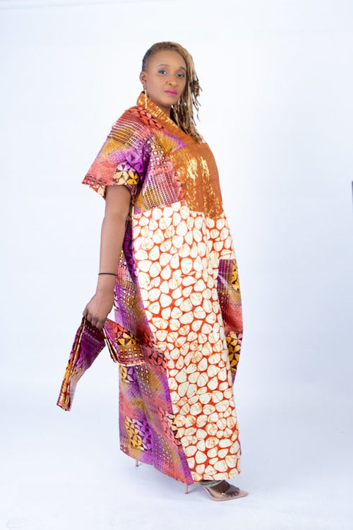 Adire Aso Oke blend Kaftan in Vibrant Pink Multi Print