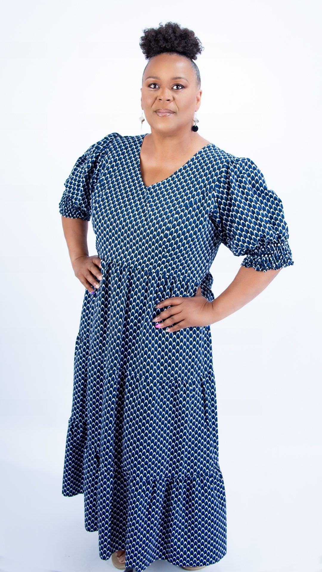 Beautiful White & Blue Checkered Ankara Puffy Sleeve Dress