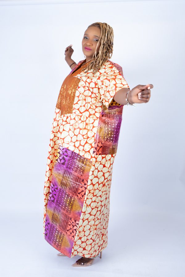 Adire Aso Oke blend Kaftan in Vibrant Pink Multi Print