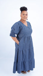 Beautiful White & Blue Checkered Ankara Puffy Sleeve Dress