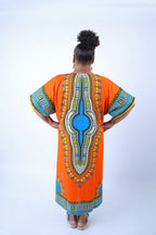 Orange Dashiki Kaftan Zip Front Maxi Dress