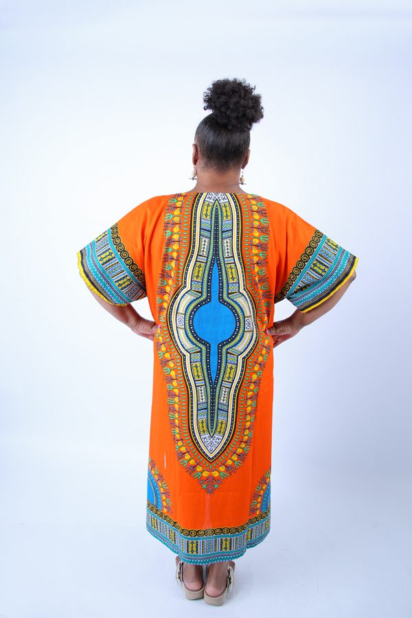 Orange Dashiki Kaftan Zip Front Maxi Dress