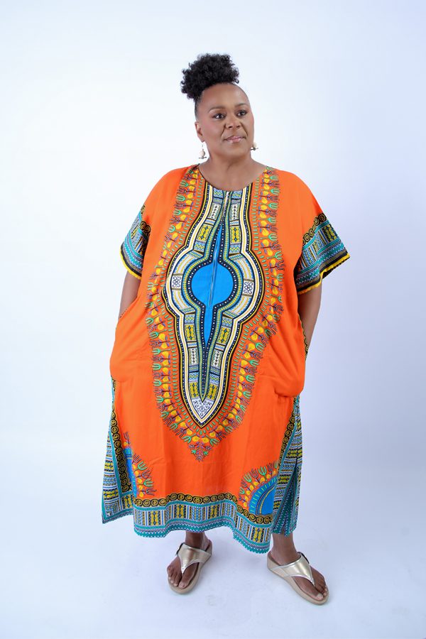 Orange Dashiki Kaftan Zip Front Maxi Dress