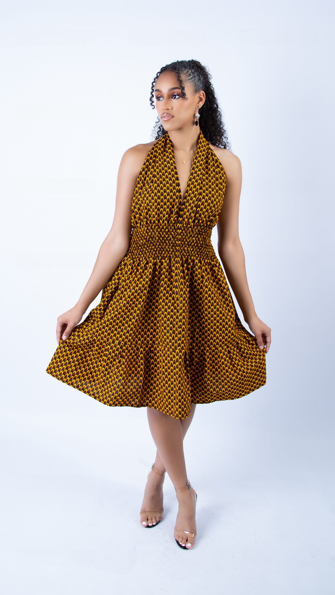 Sweetie Mustard Halter Swing Dress in Beautiful Ankara