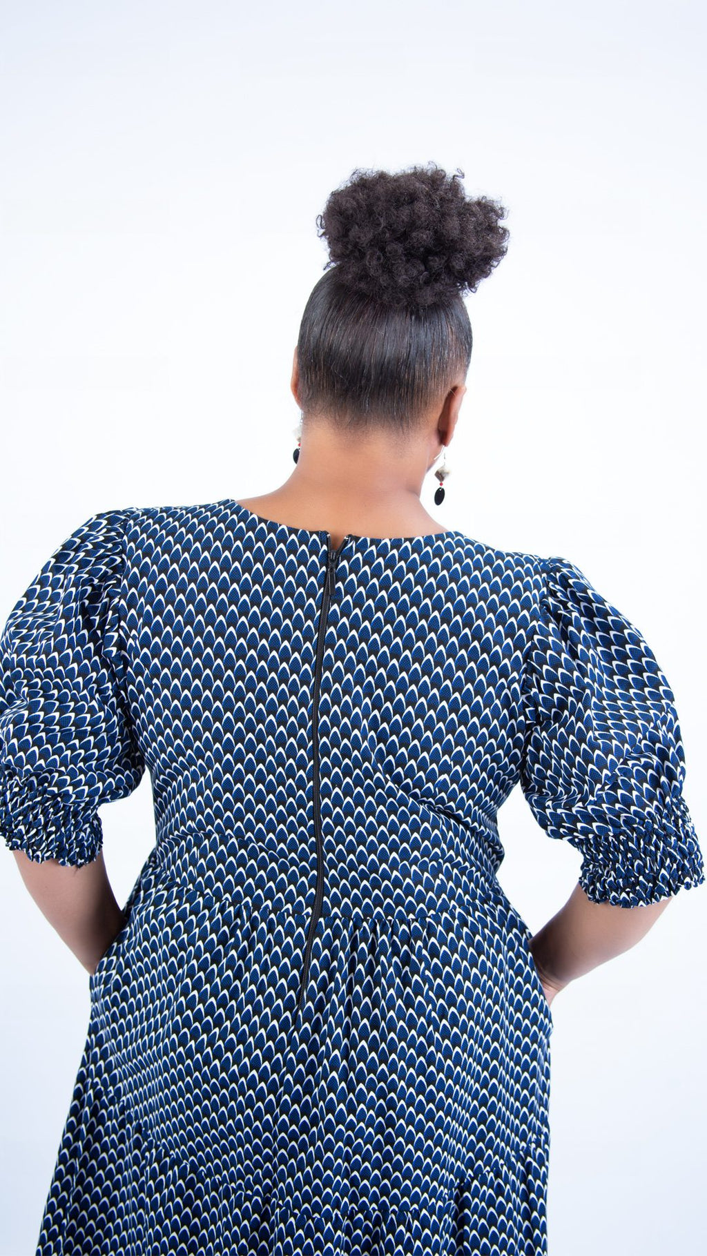 Beautiful White & Blue Checkered Ankara Puffy Sleeve Dress
