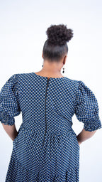Beautiful White & Blue Checkered Ankara Puffy Sleeve Dress