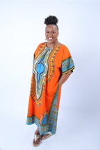 Orange Dashiki Kaftan Zip Front Maxi Dress