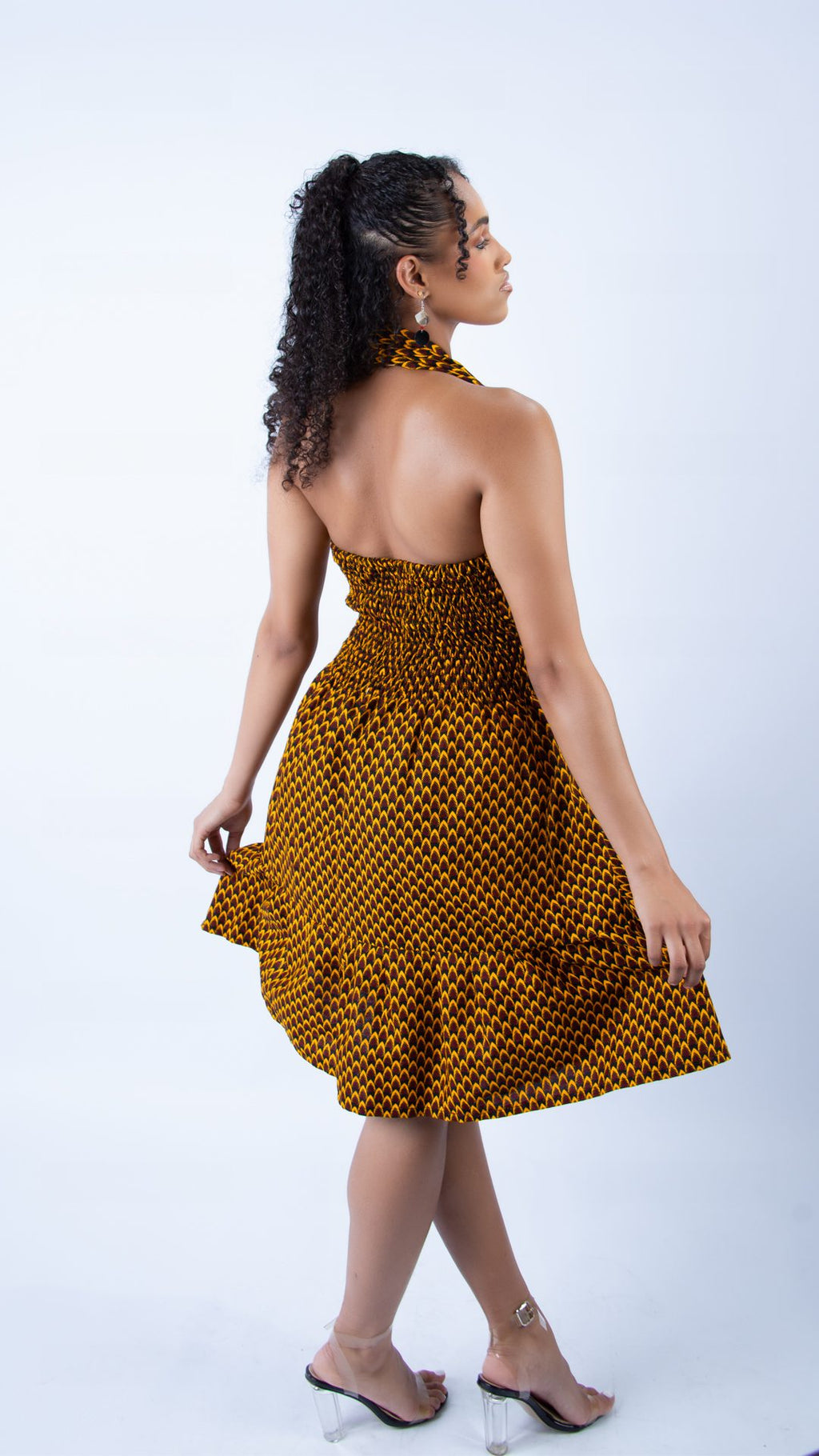 Sweetie Mustard Halter Swing Dress in Beautiful Ankara