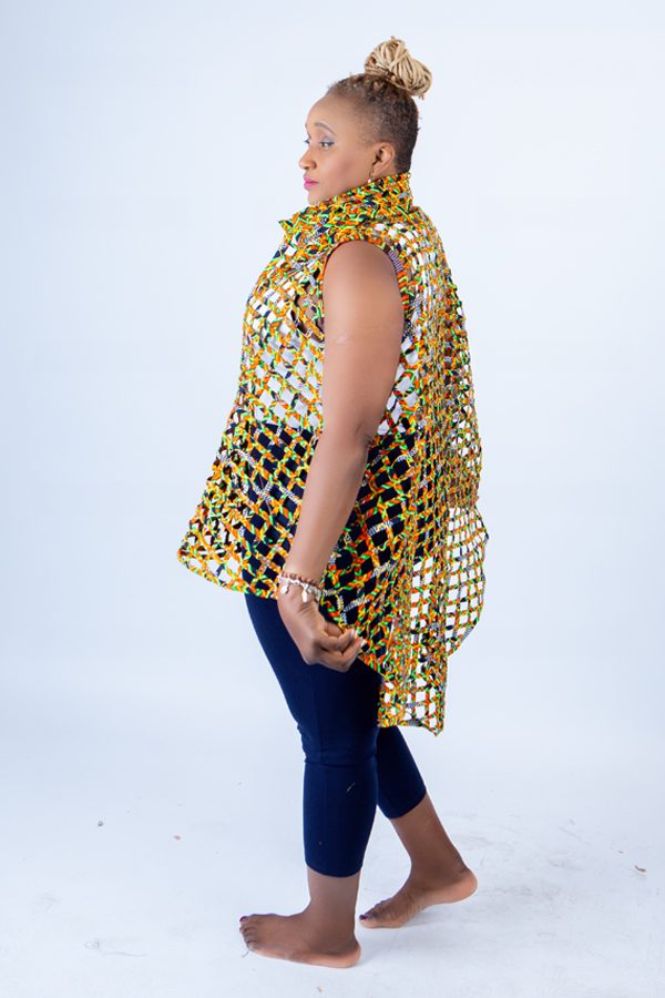 Berta Yellow Woven Asymmetrical Collared Sleeveless Kimono