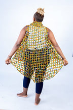 Berta Yellow Woven Asymmetrical Collared Sleeveless Kimono