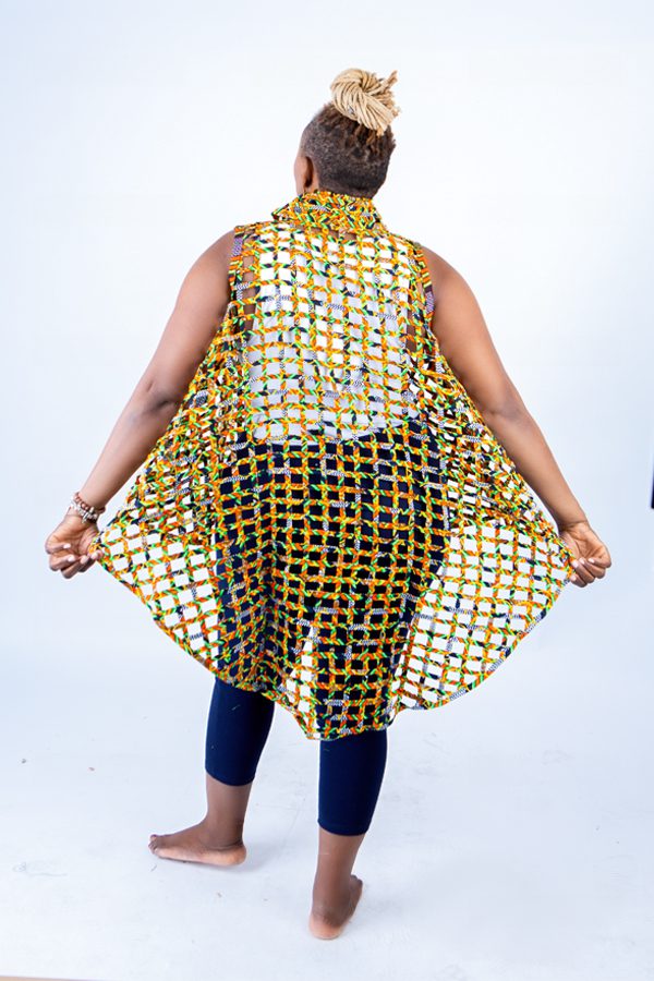 Berta Yellow Woven Asymmetrical Collared Sleeveless Kimono