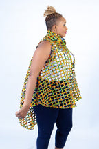 Berta Yellow Woven Asymmetrical Collared Sleeveless Kimono