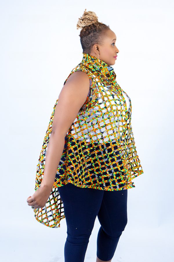 Berta Yellow Woven Asymmetrical Collared Sleeveless Kimono