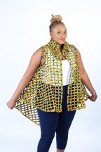 Berta Yellow Woven Asymmetrical Collared Sleeveless Kimono