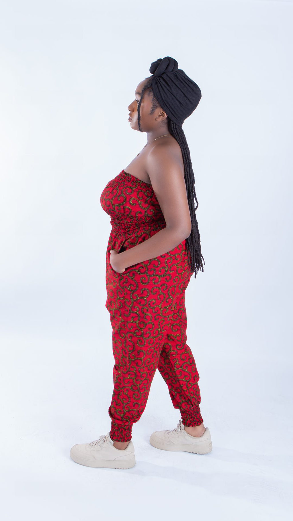 Merci Red Vine Ankara Print Bandeau and Puff Trouser Set