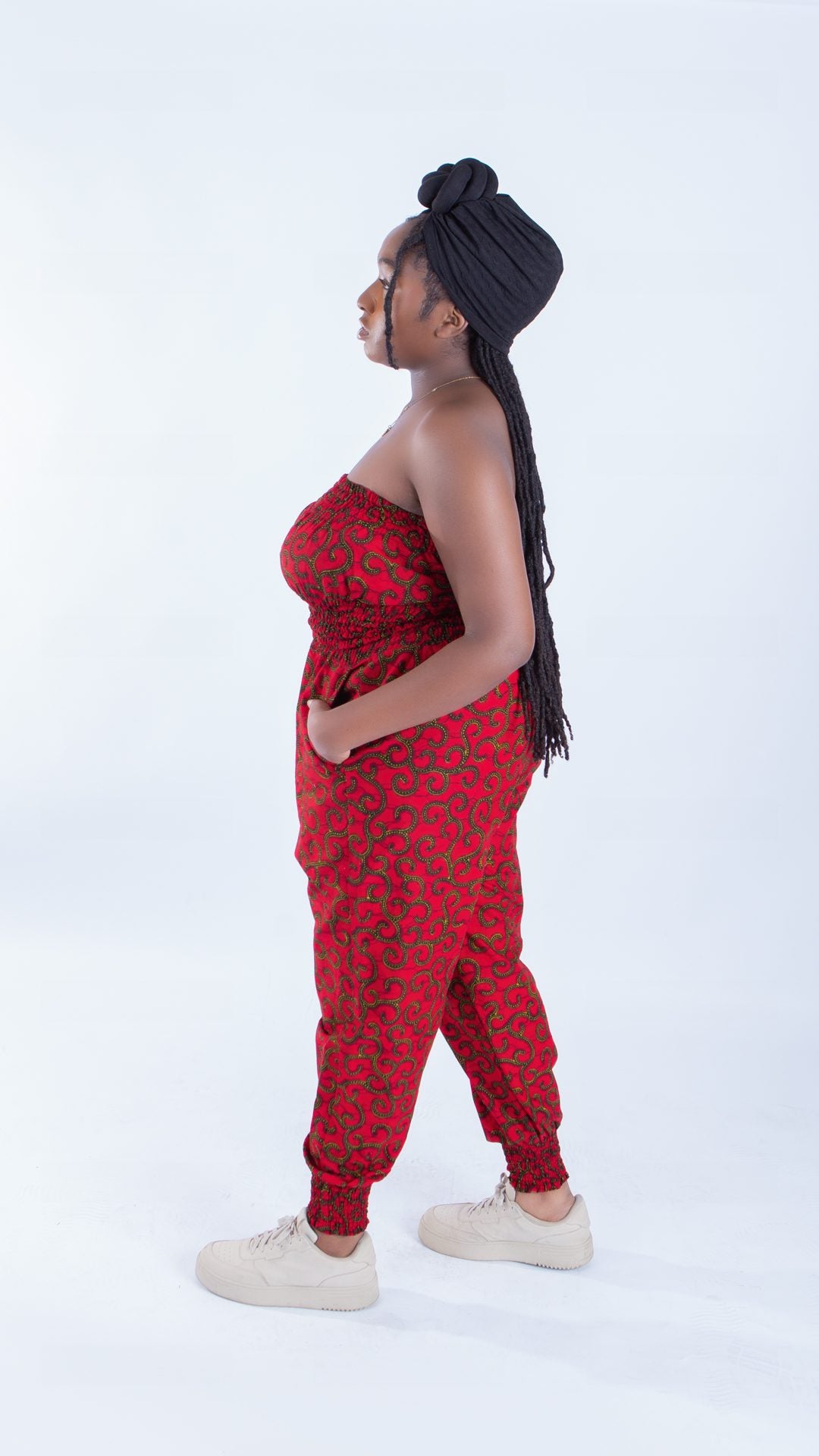 Merci Red Vine Ankara Print Bandeau and Puff Trouser Set