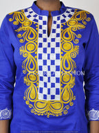 Blue African Midi Dress With Gold Embroidery