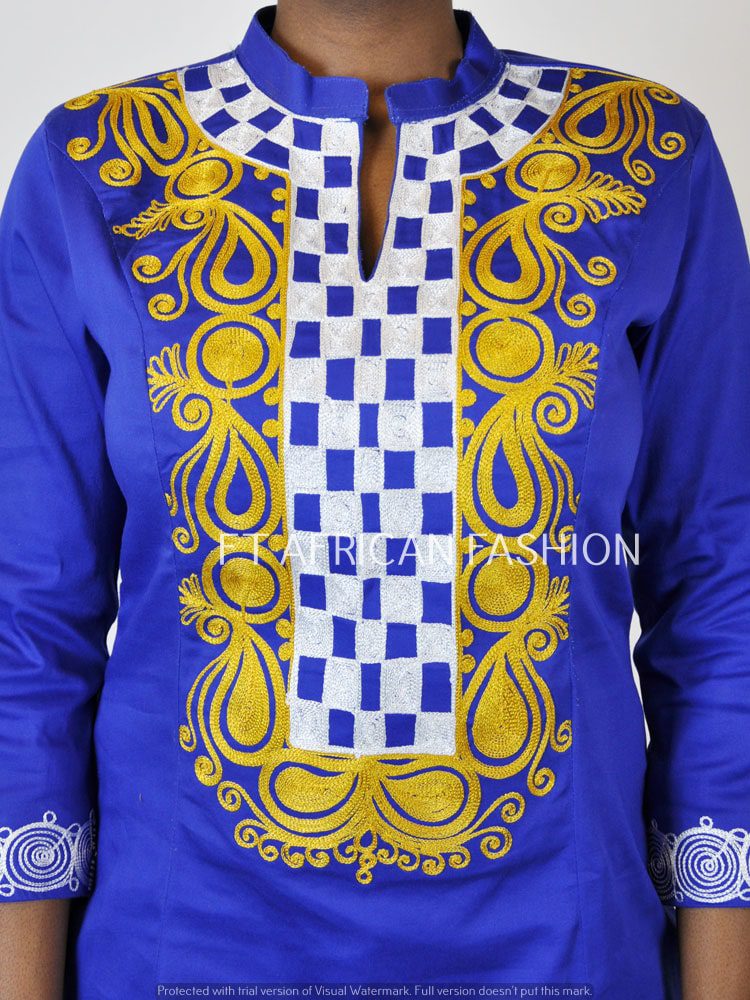 Blue African Midi Dress With Gold Embroidery