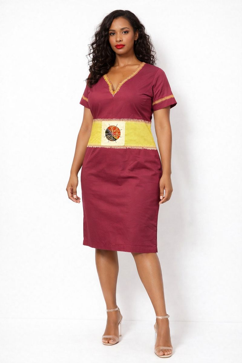 Women’s Burgundy African Print Midi Dress with Gold Detail