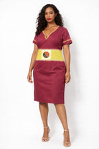 Women’s Burgundy African Print Midi Dress with Gold Detail