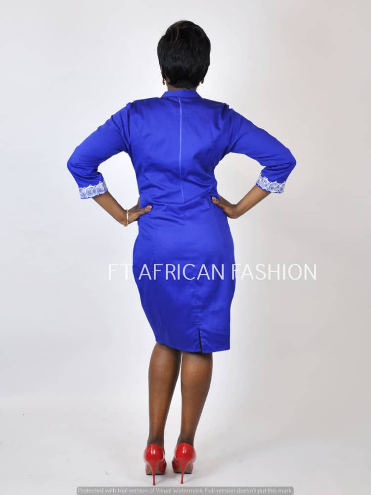 Blue African Midi Dress With Gold Embroidery