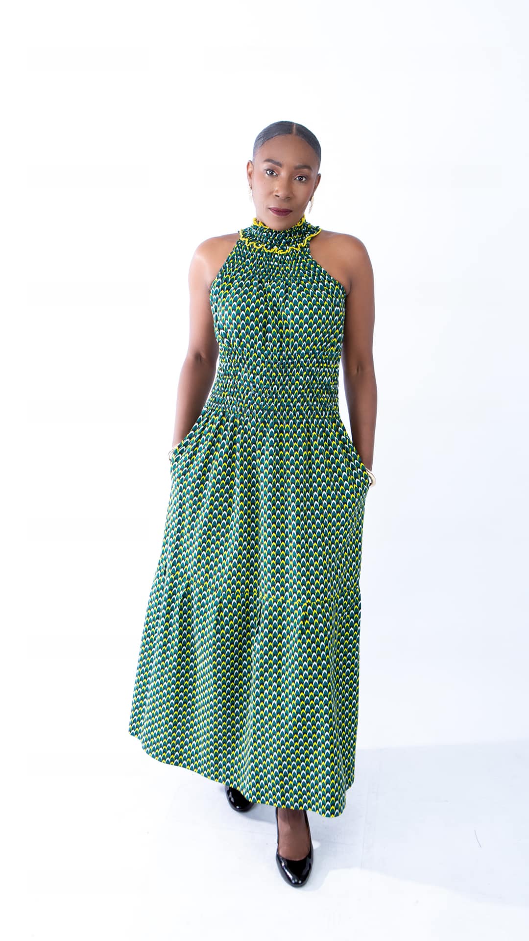 Denise Green High-neck Halter Maxi Dress in Beautiful Ankara