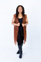 Mari Burnt Orange Ankara Weaved Midi Sleeveless Kimono