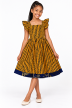 Girls African Print Midi Dress featuring flutter sleeves in vibrant yellow and blue pattern.