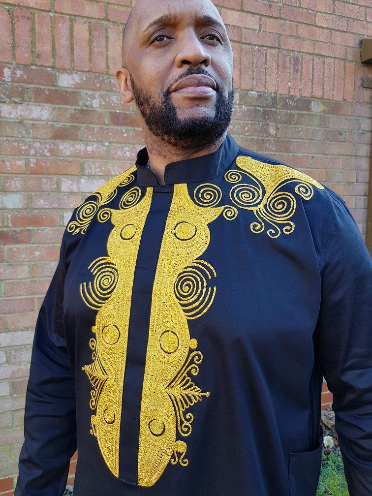 Kabelo Black & Gold Abstract Embroidery Shirt