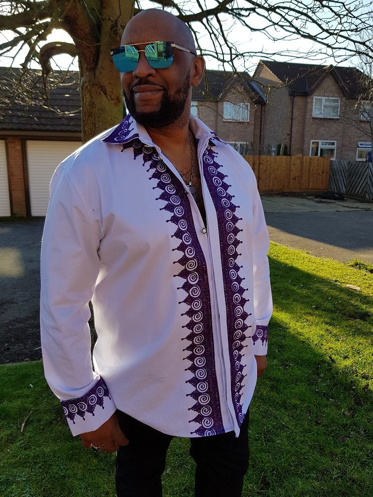 Dejen White and Purple Swirl African Embroidery Shirt