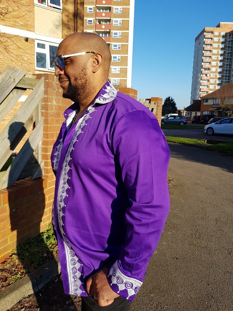 Dejen Purple and White Swirl African Embroidery Shirt