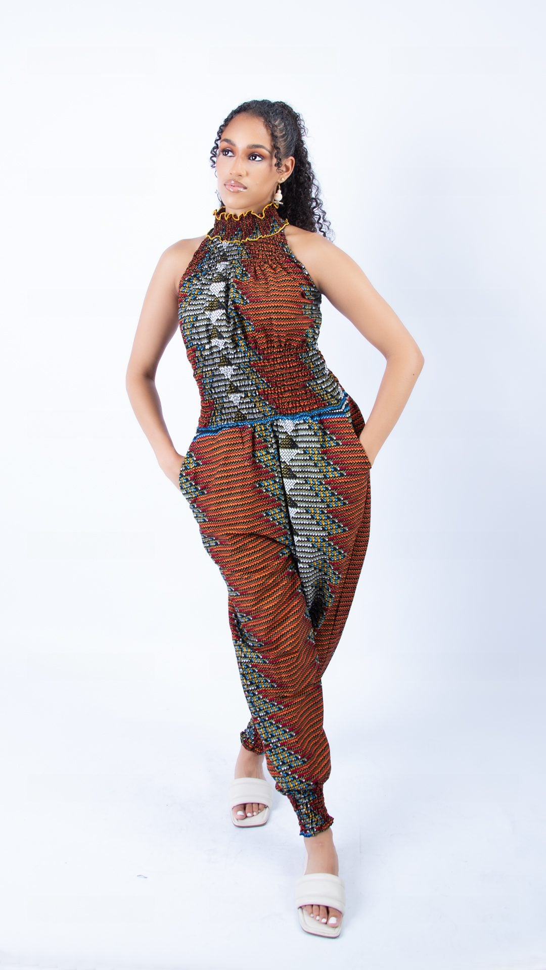 Vibrant Helen High Neck Brownie Ankara Print Jumpsuit
