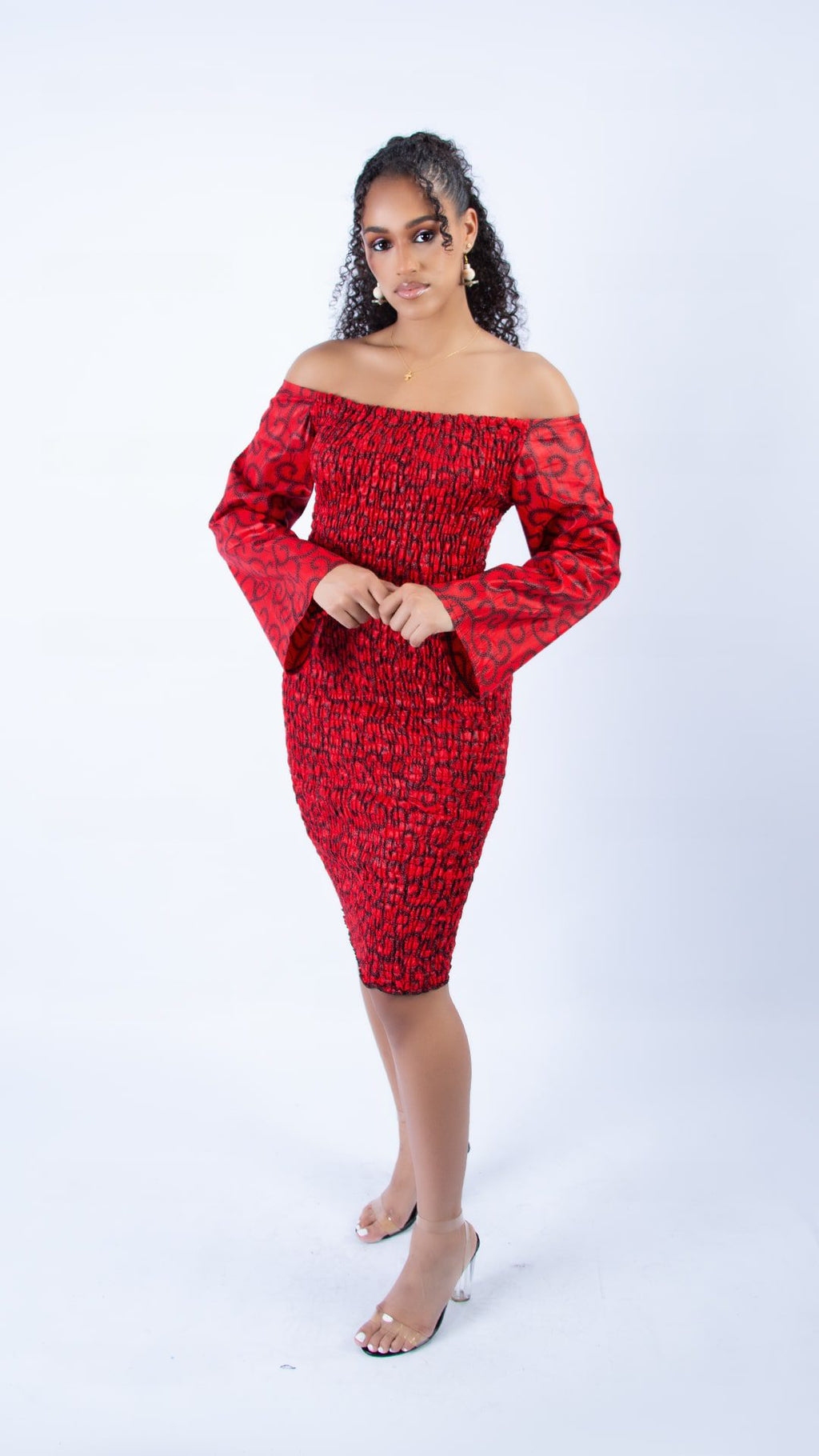 Beautiful Dalmar Red Ankara Wide Sleeve Body-con Dress