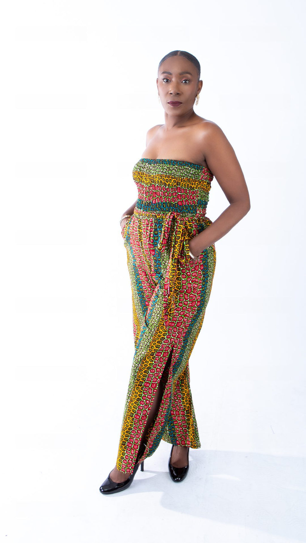 Sina Stunning Leopard Ankara Print Bandeau Slit Jumpsuit