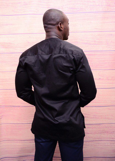 Afolabi Mens Black Polish Cotton Shirt With Gold Embroidery