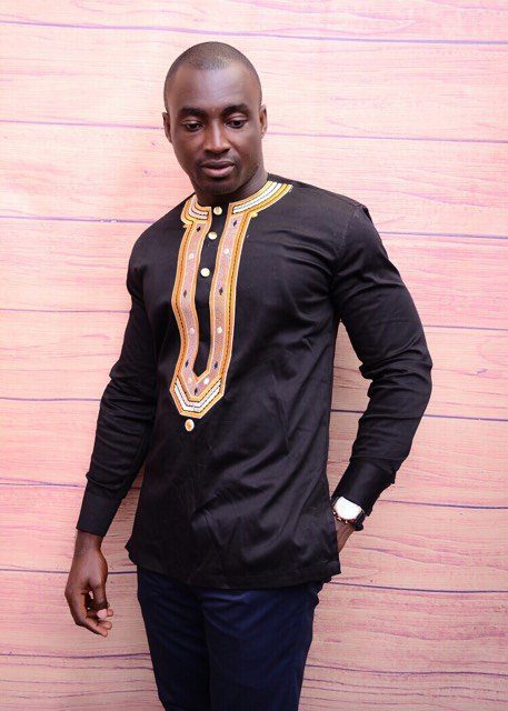 Afolabi Mens Black Polish Cotton Shirt With Gold Embroidery