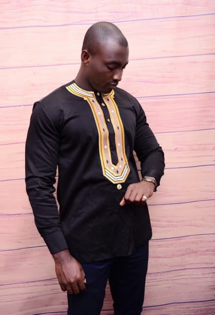 Afolabi Mens Black Polish Cotton Shirt With Gold Embroidery