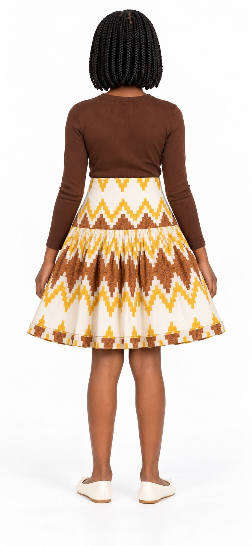 Girls African Print Flared Skirt – Cream, Mustard Yellow & Brown | Age 8–10 Years