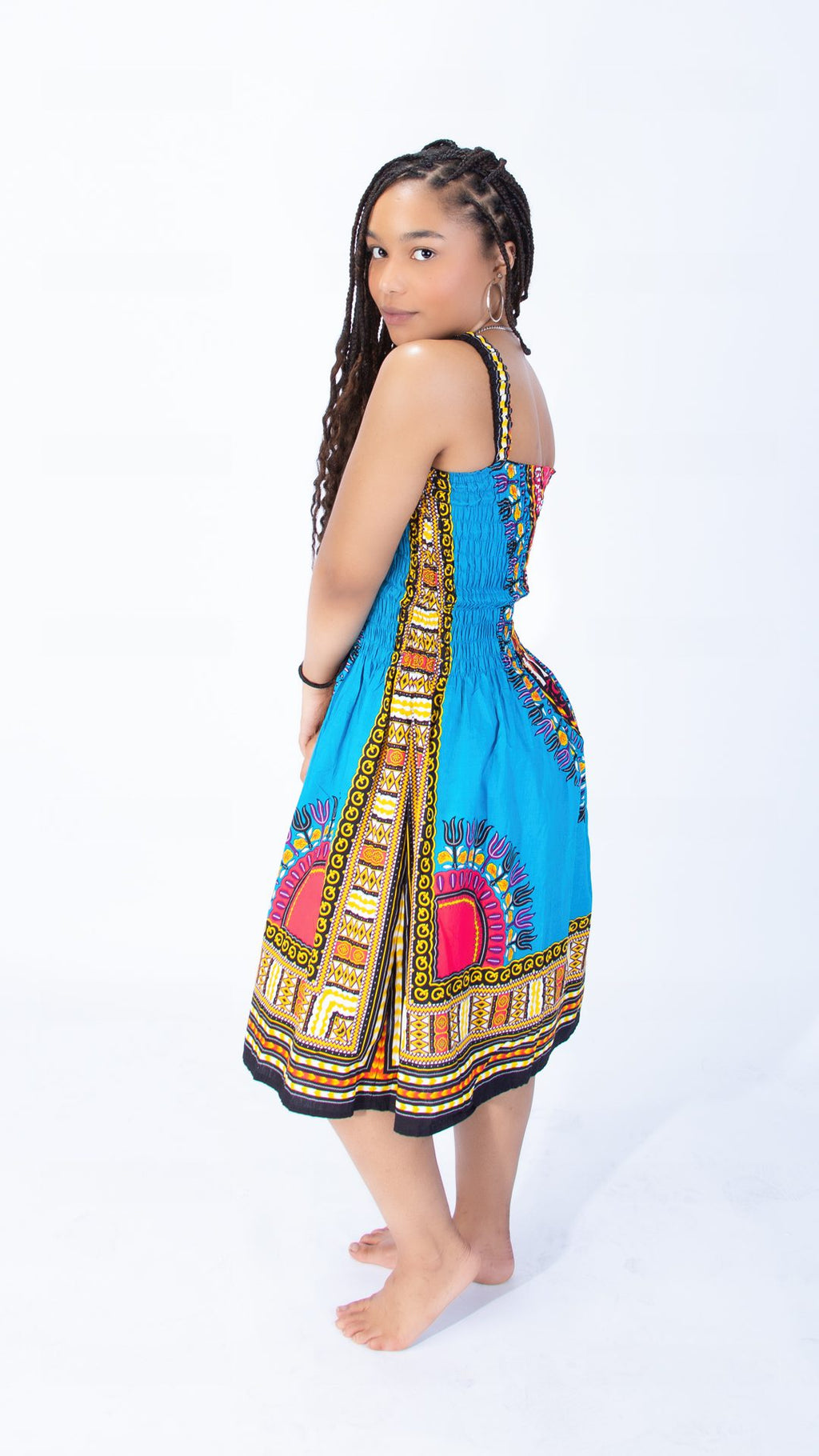 Vibrant Sarah Strap Dashiki Swing Dress Blue