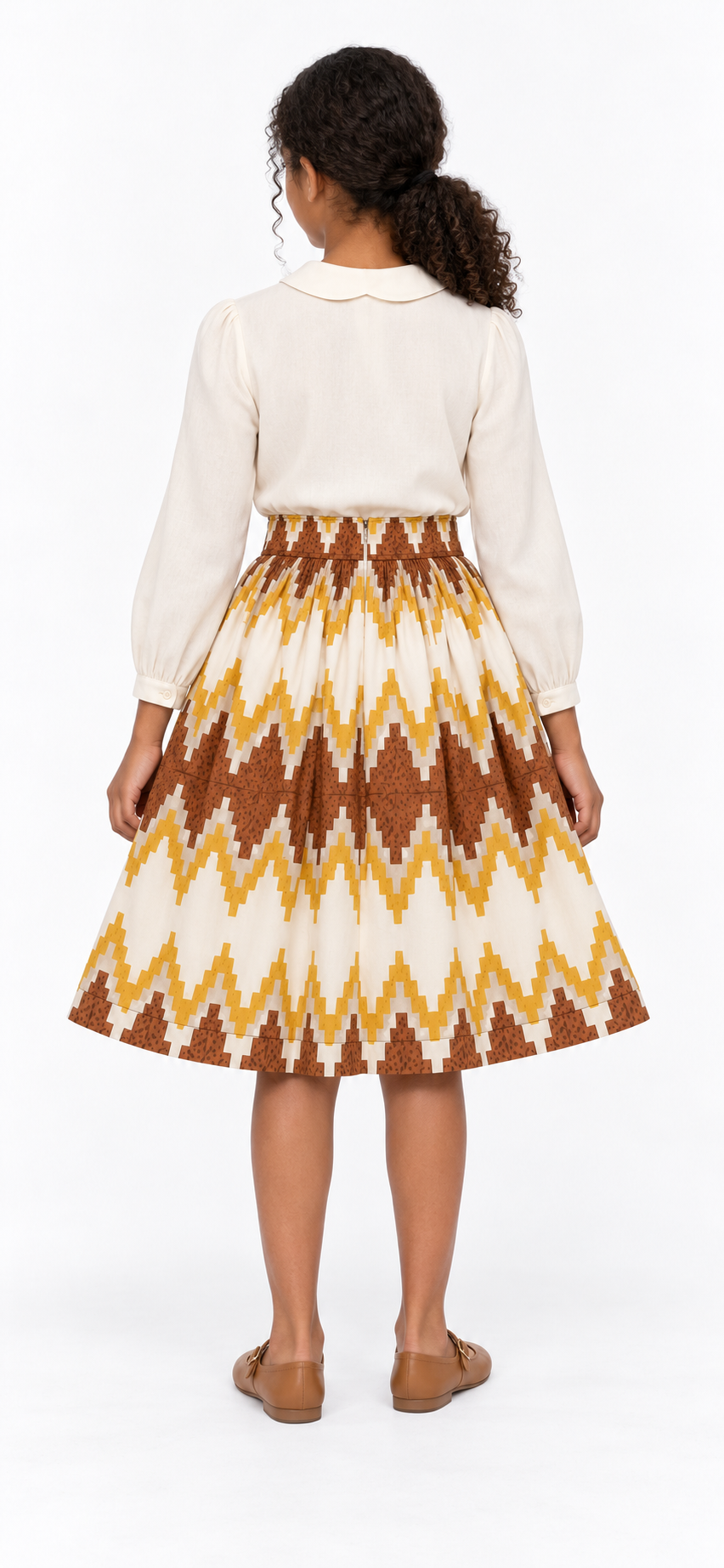 Girls African Print Flared Skirt – Cream, Mustard Yellow & Brown | Age 8–10 Years