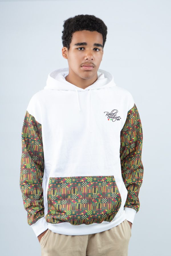 White Unisex Afro-Fusion Hoodie with Printed Panel Accent