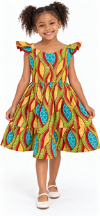 Girls African Print Midi Dress in vibrant green bird pattern, perfect for special occasions and everyday wear.