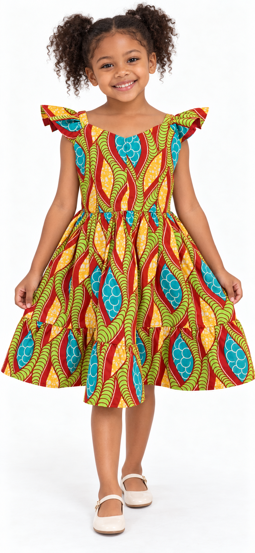 Girls African Print Midi Dress in vibrant green bird pattern, perfect for special occasions and everyday wear.