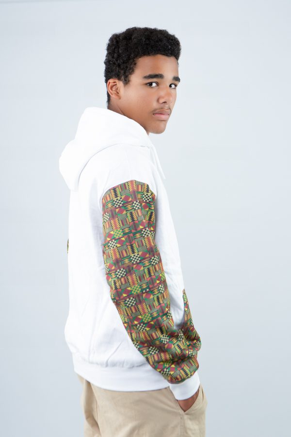 White Unisex Afro-Fusion Hoodie with Printed Panel Accent