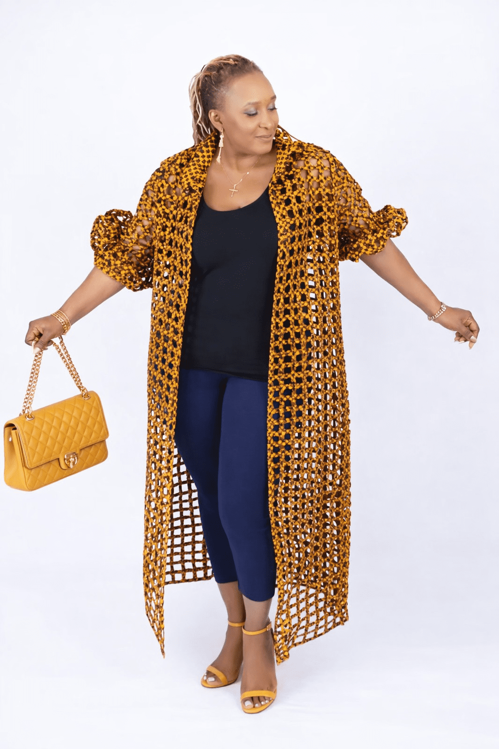 Tiana Mustard Ankara Weaved Long Puff Sleeve Overthrow